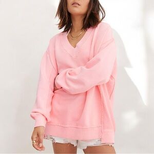 Aerie Oversized V Neck Sweatshirt in Flamingo Pink